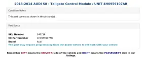 4h0959107ab Audi 2013-2014 S8 - Tailgate Control Module / Unit #3