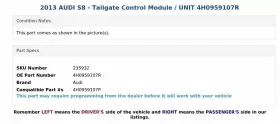 4h0959107r Audi 2013 S8 - Tailgate Control Module / Unit #3