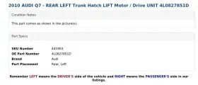 4l0827851d Audi 2010 Q7 - Rear Left Trunk Hatch Lift Motor / Drive Unit #3