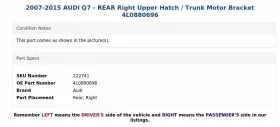 4l0880696 Audi 2007-2015 Q7 - Rear Right Upper Hatch / Trunk Motor Bracket #3