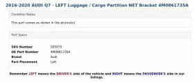 4m0861735a Audi 2016-2020 Q7 - Left Luggage / Cargo Partition Net Bracket #3