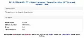 4m0861736a Audi 2016-2020 Q7 - Right Luggage / Cargo Partition Net Bracket #3