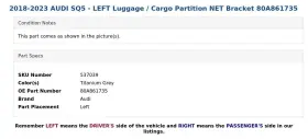 80a861735 Audi 2018-2023 Sq5 - Left Luggage / Cargo Partition Net Bracket #3