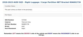80a861736 Audi 2018-2023 Sq5 - Right Luggage / Cargo Partition Net Bracket #3