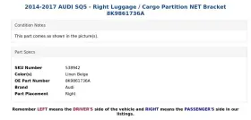 8k9861736a Audi 2014-2017 Sq5 - Right Luggage / Cargo Partition Net Bracket #3