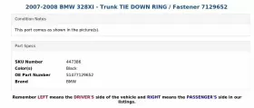 51477129652 Bmw 2007-2008 328xi - Trunk Tie Down Ring / Fastener 7129652 #3