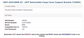 51477145941 Bmw 2007-2018 X5 - Left Retractable Cargo Cover Support Bracket 7145941 #3