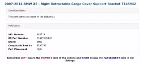 51477145942 Bmw 2007-2014 X5 - Right Retractable Cargo Cover Support Bracket 7145942 #3