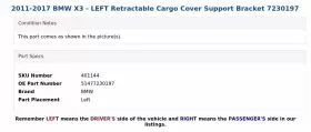 51477230197 Bmw 2011-2017 X3 - Left Retractable Cargo Cover Support Bracket 7230197 #3