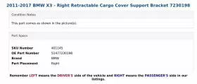 51477230198 Bmw 2011-2017 X3 - Right Retractable Cargo Cover Support Bracket 7230198 #3