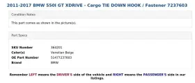51477237603 Bmw 2011-2017 550i Gt Xdrive - Cargo Tie Down Hook / Fastener 7237603 #3