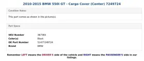51477249724 Bmw 2010-2015 550i Gt - Cargo Cover Center 7249724 #3