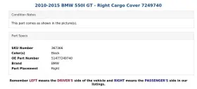 51477249740 Bmw 2010-2015 550i Gt - Right Cargo Cover 7249740 #3