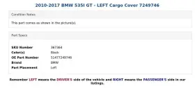 51477249746 Bmw 2010-2017 535i Gt - Left Cargo Cover 7249746 #3