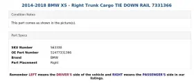 51477331366 Bmw 2014-2018 X5 - Right Trunk Cargo Tie Down Rail 7331366 #3