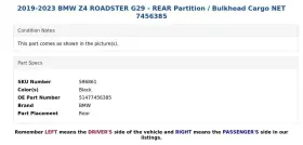 51477456385 Bmw 2019-2023 Z4 Roadster G29 - Rear Partition / Bulkhead Cargo Net 7456385 #3