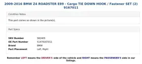 51479167011 Bmw 2009-2016 Z4 Roadster E89 - Cargo Tie Down Hook / Fastener Set 2 9167011 #3