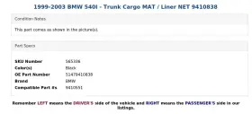 51479410838 Bmw 1999-2003 540i - Trunk Cargo Mat / Liner Net 9410838 #2