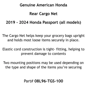 08l96-tgs-100 Genuine Factory American Honda Oem Passport Rear Cargo Net 2019 - 2024 Trunk Hatch #3