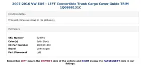 1q0868131c Volkswagen 2007-2016 Vw Eos - Left Convertible Trunk Cargo Cover Guide Trim #3