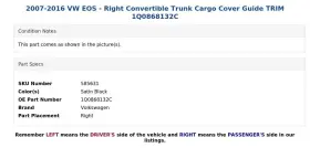 1q0868132c Volkswagen 2007-2016 Vw Eos - Right Convertible Trunk Cargo Cover Guide Trim #3