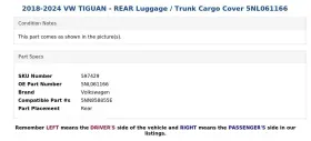 5nl061166 Volkswagen 2018-2024 Vw Tiguan - Rear Luggage / Trunk Cargo Cover #3