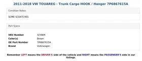 7p6867615a Volkswagen 2011-2018 Vw Touareg - Trunk Cargo Hook / Hanger #3